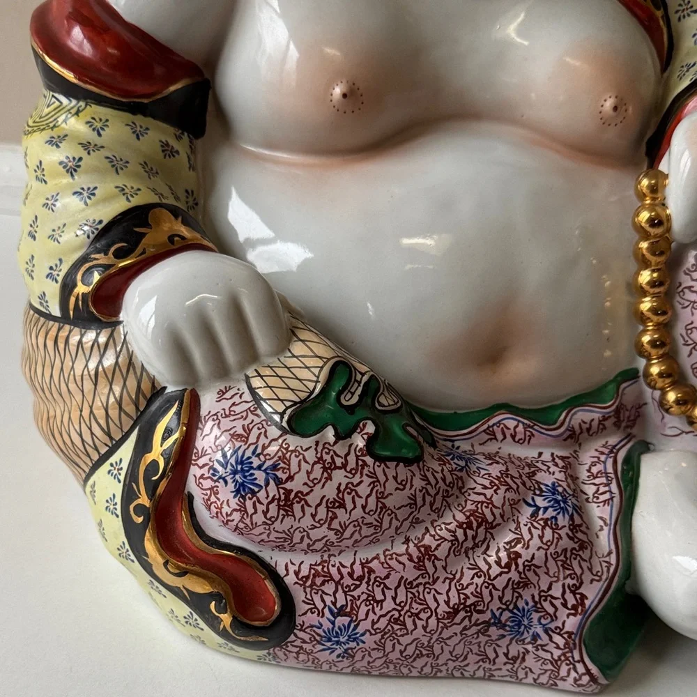 Vintage Hand-Painted Porcelain Laughing Buddha Statue in White and Multicolor - Picture 9 of 14